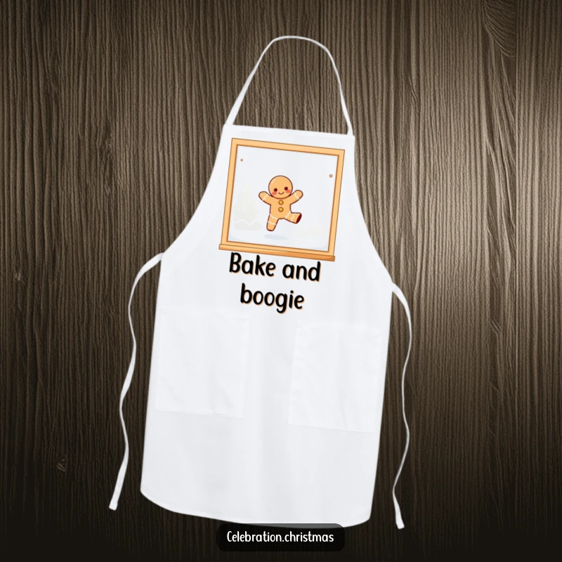 Funny, joyful kawaii gingerbread person playfully dancing on a frosted window pane on a kitchen apron.