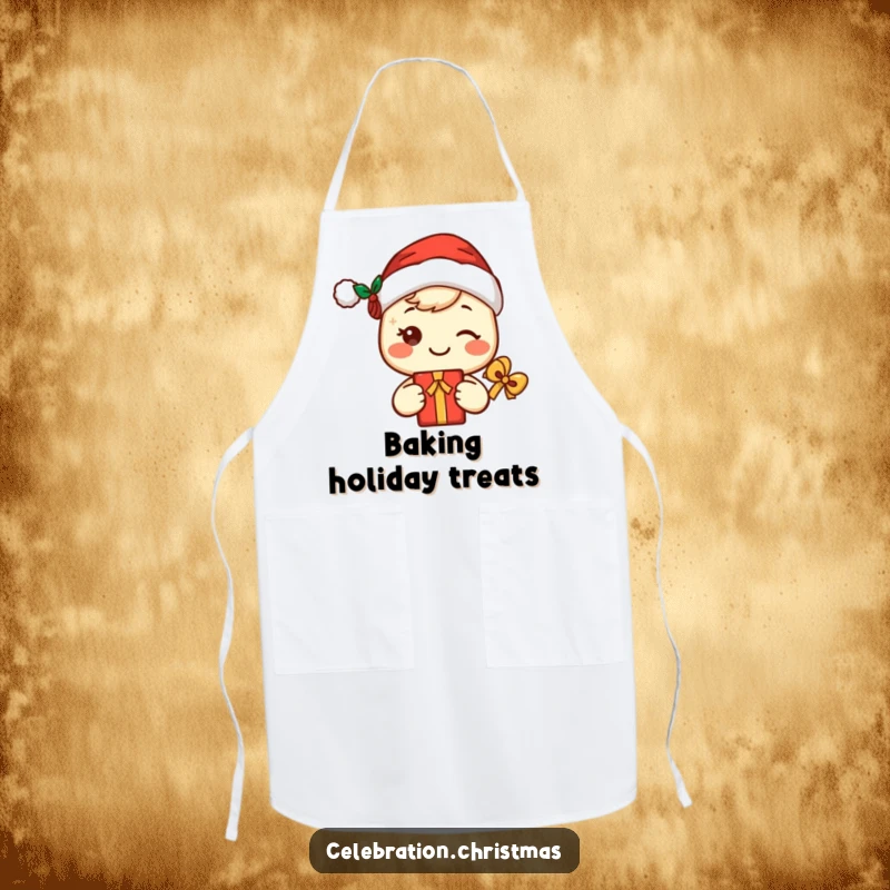 Funny kawaii Santa apron featuring a cute, smiling character in a Santa hat holding a gift, ideal for festive kitchen activities.