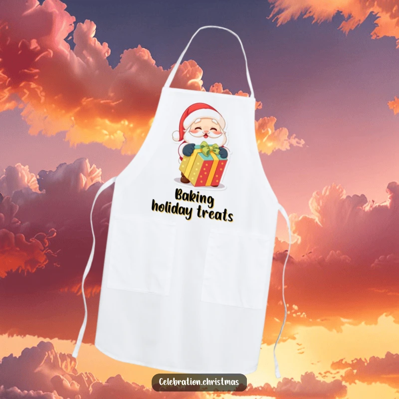 Funny apron depicting a cute Santa Claus character excitedly unwrapping a brightly colored gift while preparing holiday meals.