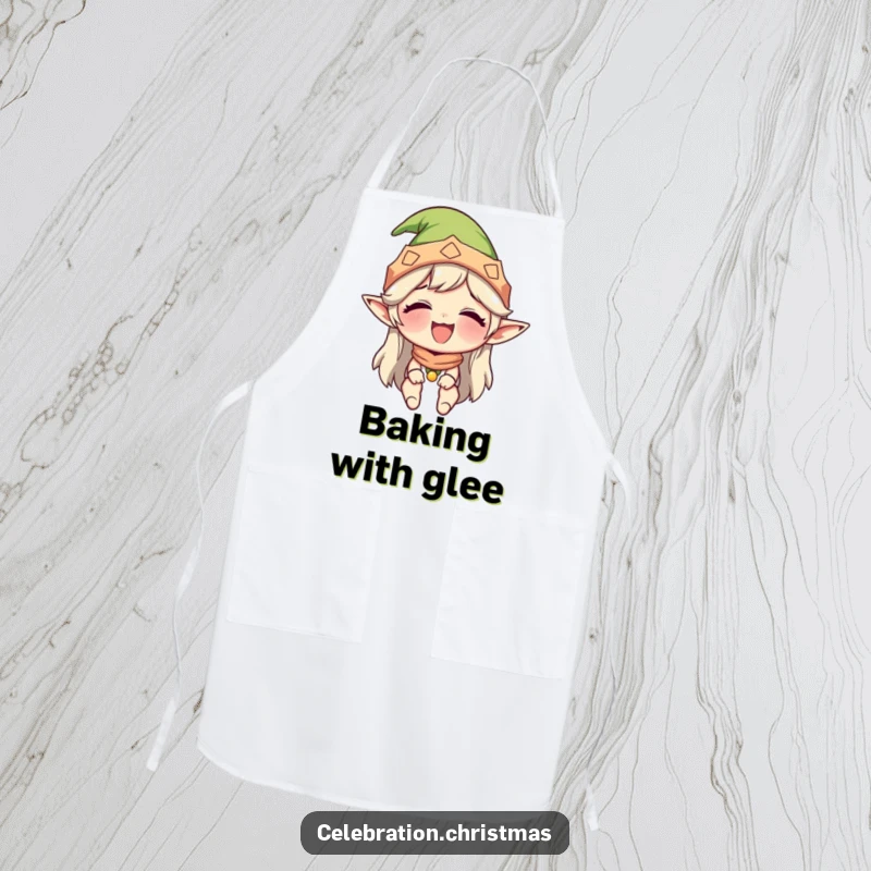 Funny apron featuring a character in an elf hat, giggling hysterically while cooking, adding a playful touch to kitchen duties.