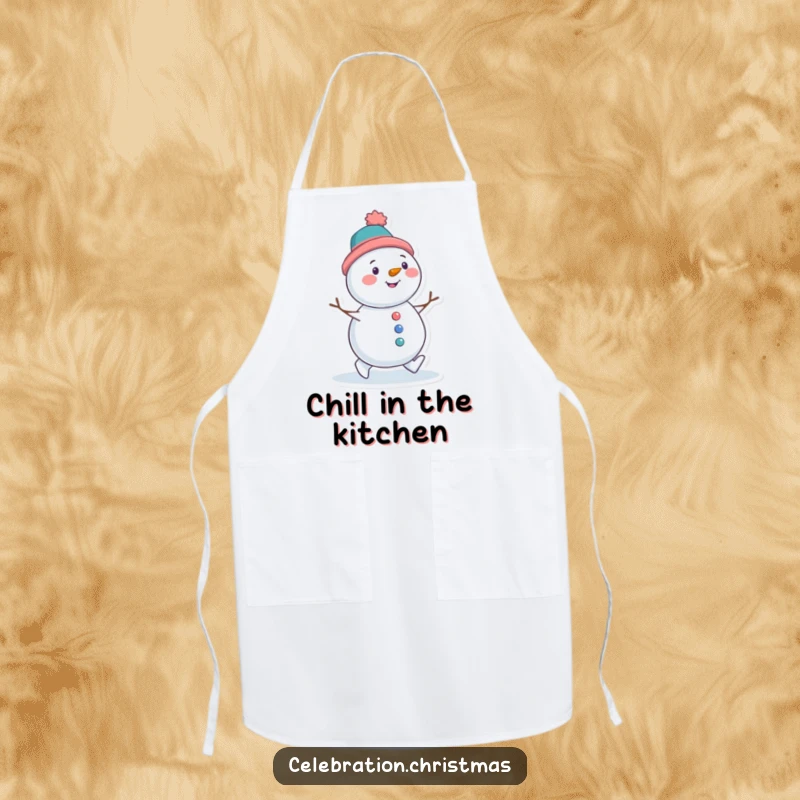 Funny apron featuring a snowman character with a tilted hat, waddling with delight, ideal for festive winter cooking.