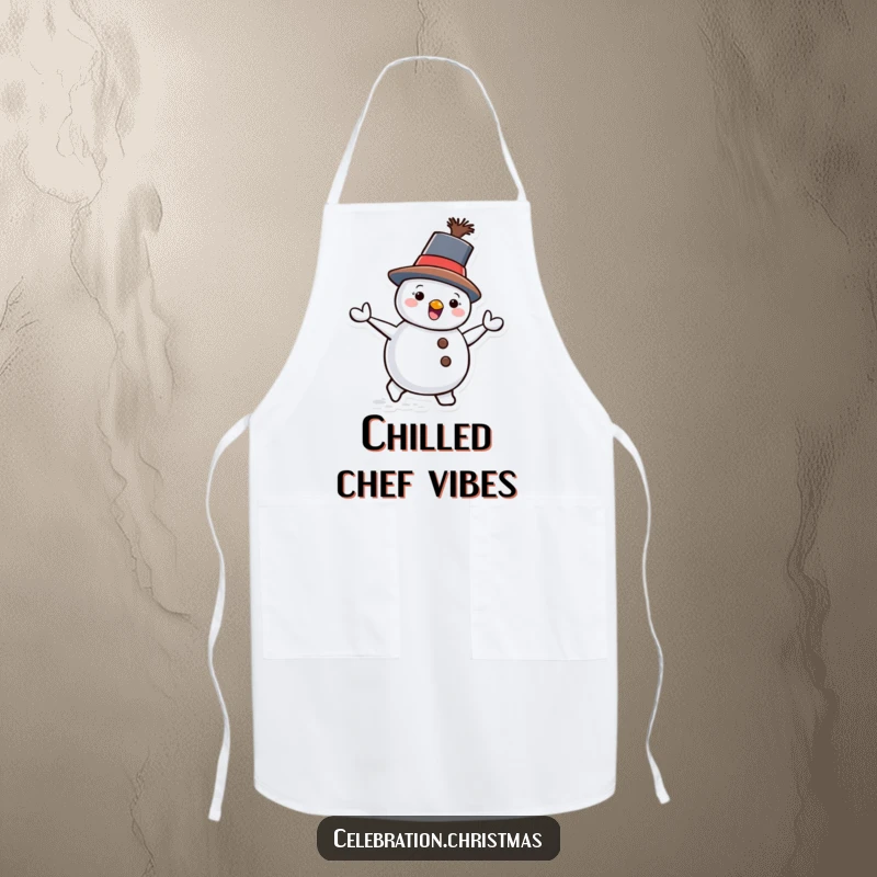 Funny Snowman Apron showing a snowman waddling with a tilted hat, perfect for adding humor to cooking.
