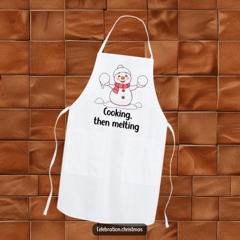 Funny Apron: Mischievous snowman comically juggling melting snowballs, a humorous and practical addition for any kitchen.