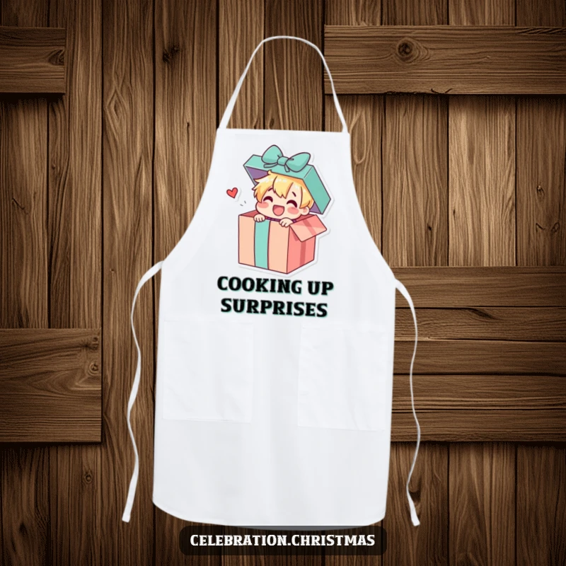 Funny kitchen apron featuring a gift box character cheerfully popping open, revealing a delightful surprise, adding fun to cooking duties.