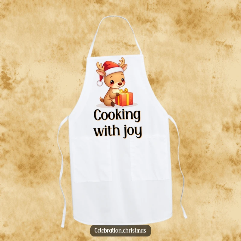 Funny apron featuring a cute deer in a Santa hat, happily unwrapping a glowing gift, perfect for festive kitchen activities.