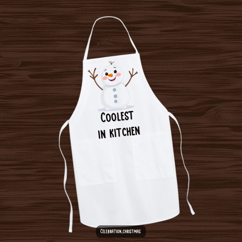Funny snowman apron featuring a cheerful character enthusiastically waving, perfect for kitchen fun and spreading winter smiles.