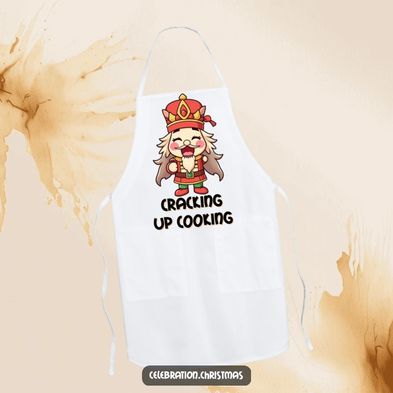 Funny happy nutcracker apron striking a pose with mouth open, perfect for holiday cooking and a funny gift.