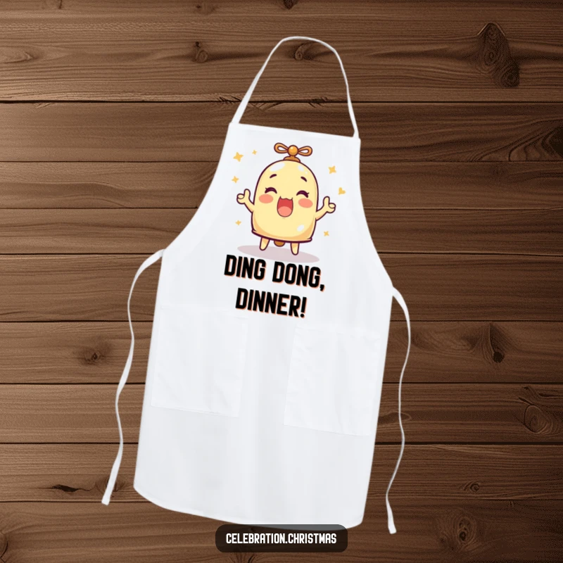 Funny kitchen apron showcasing a bell character ringing with great enthusiasm, bringing musical cheer to cooking, funny gift.