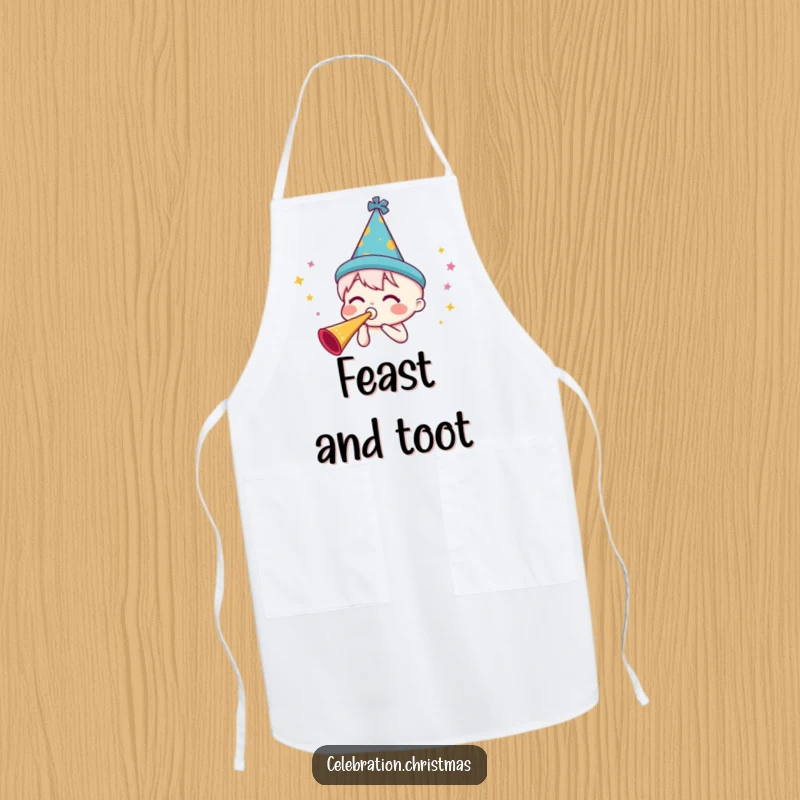 Funny party horn apron with a character wearing a festive hat and blowing a horn, perfect for kitchen celebrations and cooking.