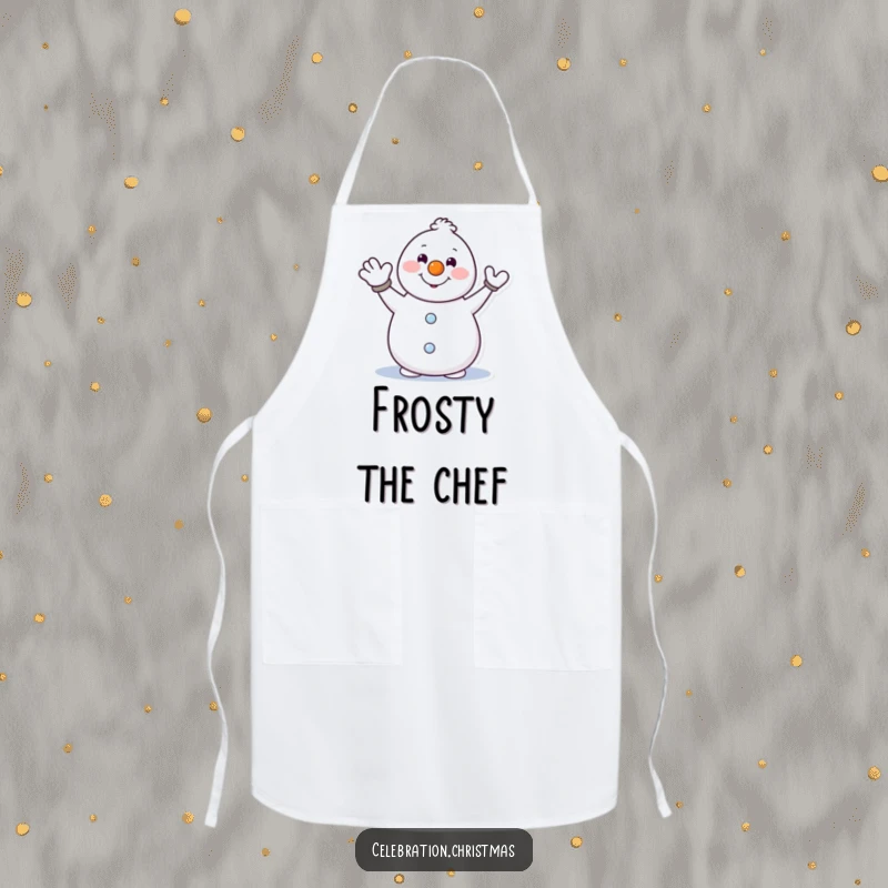 Funny kitchen apron with a snowman character wearing a carrot nose, waving hello while you cook or bake.