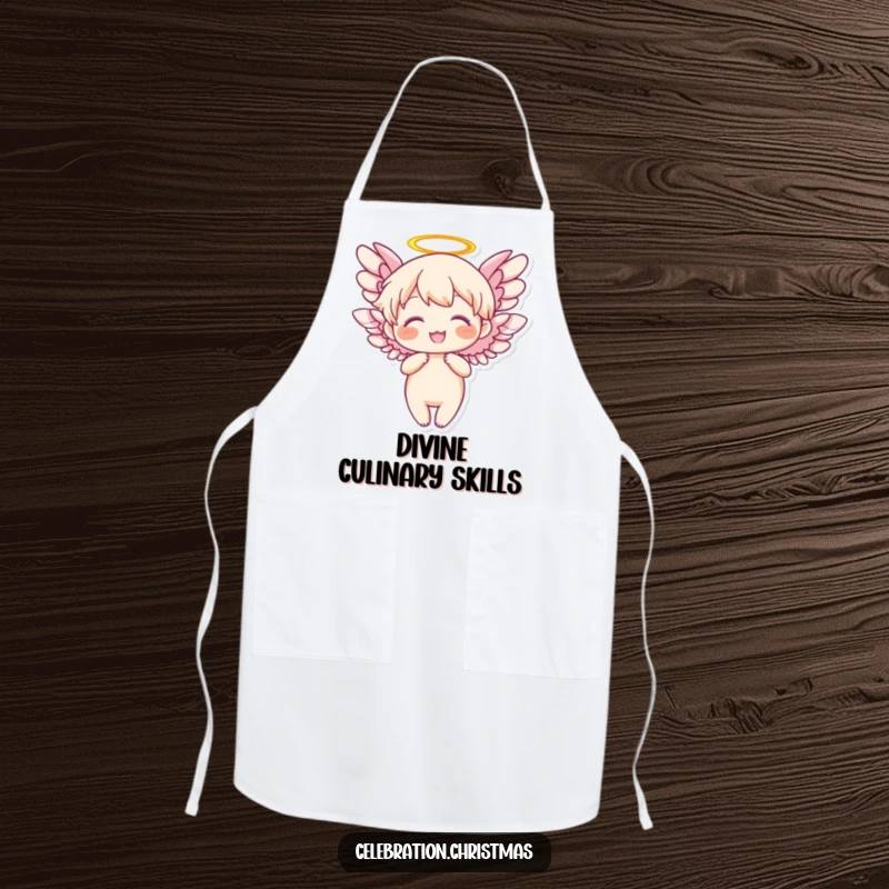 Funny Angel Apron featuring a character with wings flapping joyfully, perfect for culinary tasks with a divine touch.