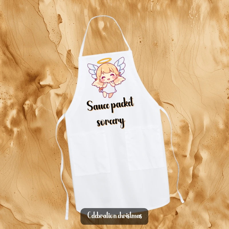 Funny kitchen apron featuring a happy angel joyfully flapping its wings while cooking, adding divine humor to the kitchen, funny gift.