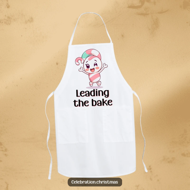 Funny Candy Cane Apron: A sweet candy cane character excitedly leading the way, perfect for holiday cooking.
