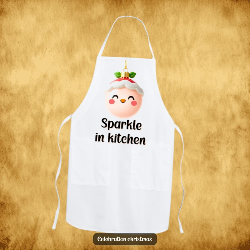 Funny cute Christmas ornament apron with a cheerful, sparkling face, perfect for baking and a wonderful funny gift.