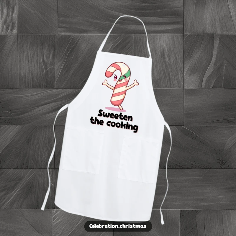 Funny cheerful candy cane apron doing a little dance, perfect for holiday cooking and a funny gift.