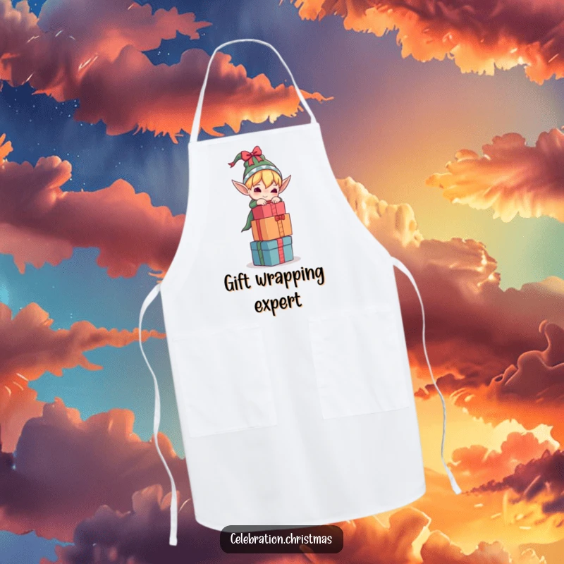 Funny elf apron featuring a character attempting to balance a tall stack of gifts, a humorous and practical kitchen accessory.