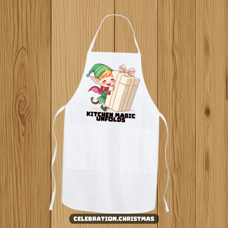 Funny apron with a cute elf character joyfully wrapping a large, glittery present, adding holiday fun to cooking.