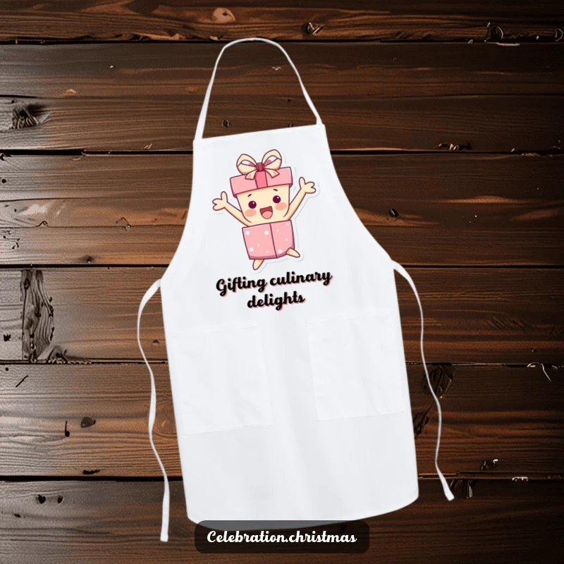 Funny apron depicting a gift box character jumping with excitement, its ribbon askew, perfect for adding humor to cooking and parties.