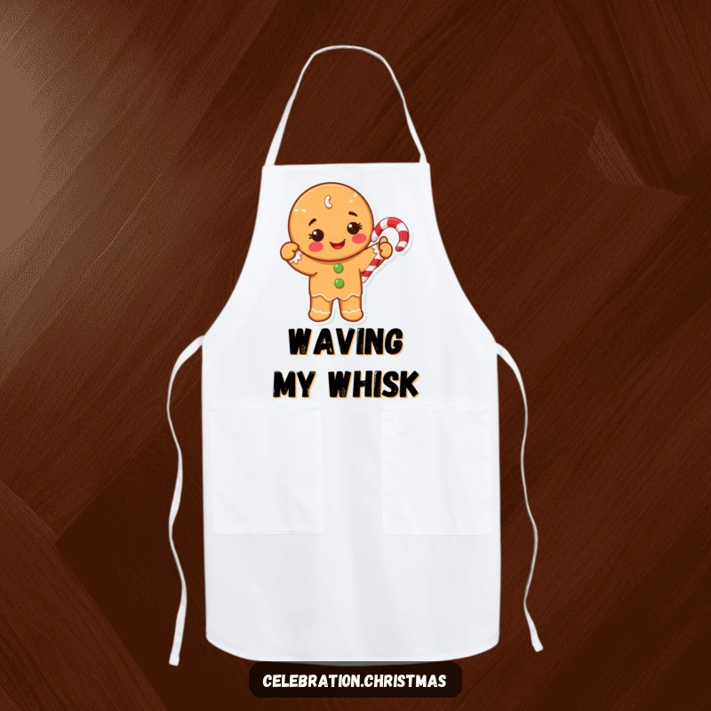 Funny Apron with a happy gingerbread cookie character waving a candy cane, perfect for holiday baking.