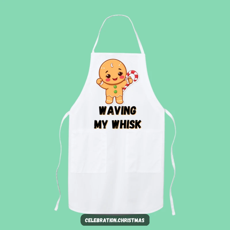 Funny Gingerbread Apron: Happy Cookie Waving Candy Cane Kitchen Fun