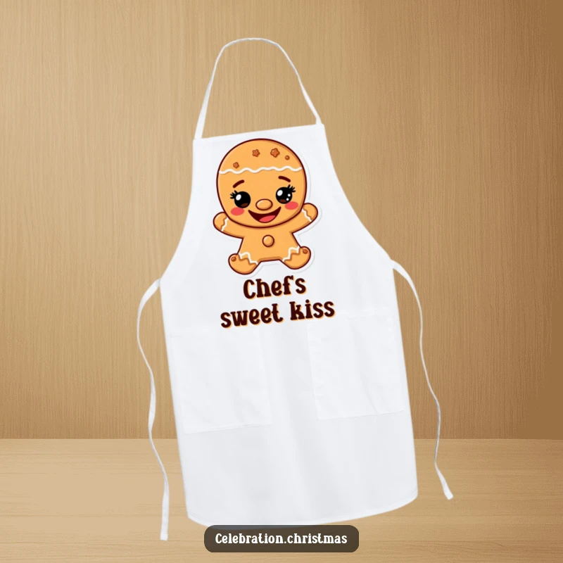 Funny apron featuring a gingerbread man character with a wide, happy cookie grin, ideal for festive baking.