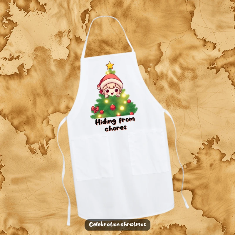 Funny kawaii character peeking from behind a brightly lit Christmas tree, on a functional and humorous kitchen apron.