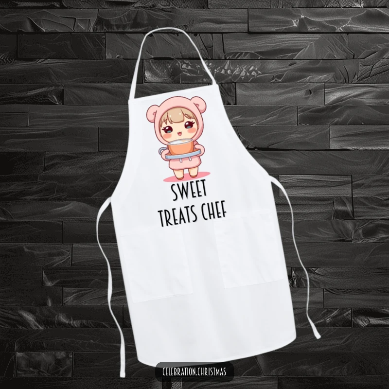 Funny apron featuring a cute kawaii character holding a tray of steaming hot cocoa, perfect for adding adorable humor to cooking.