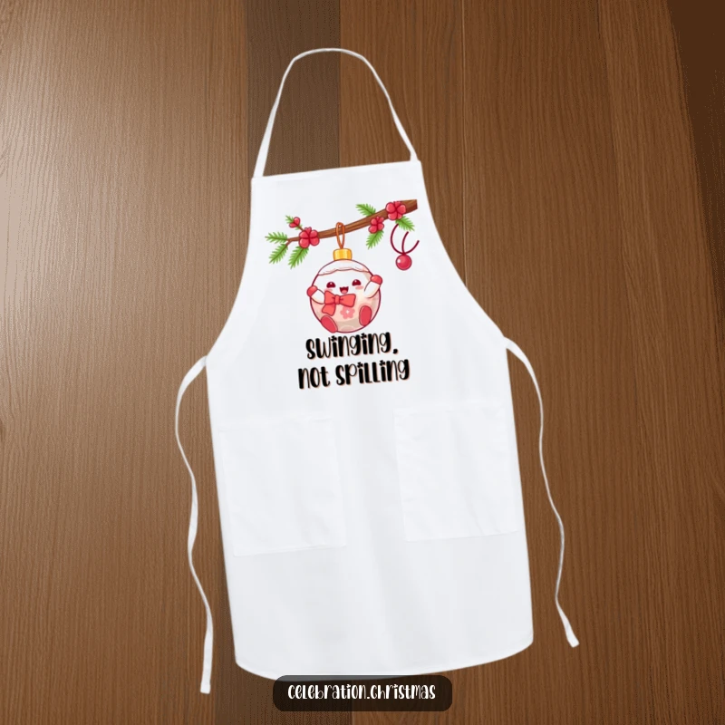 Funny kawaii Christmas ornament apron showing a gleeful character swinging, ideal for adding holiday cheer to kitchen activities.