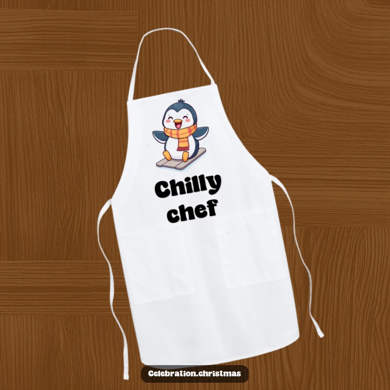 Funny Kawaii penguin apron of a cute penguin in a scarf sliding down a snowy hill, perfect for cooking.