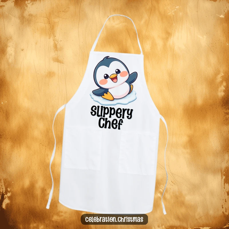 Funny, happy kawaii penguin slipping and sliding on ice with a big grin on a kitchen apron.