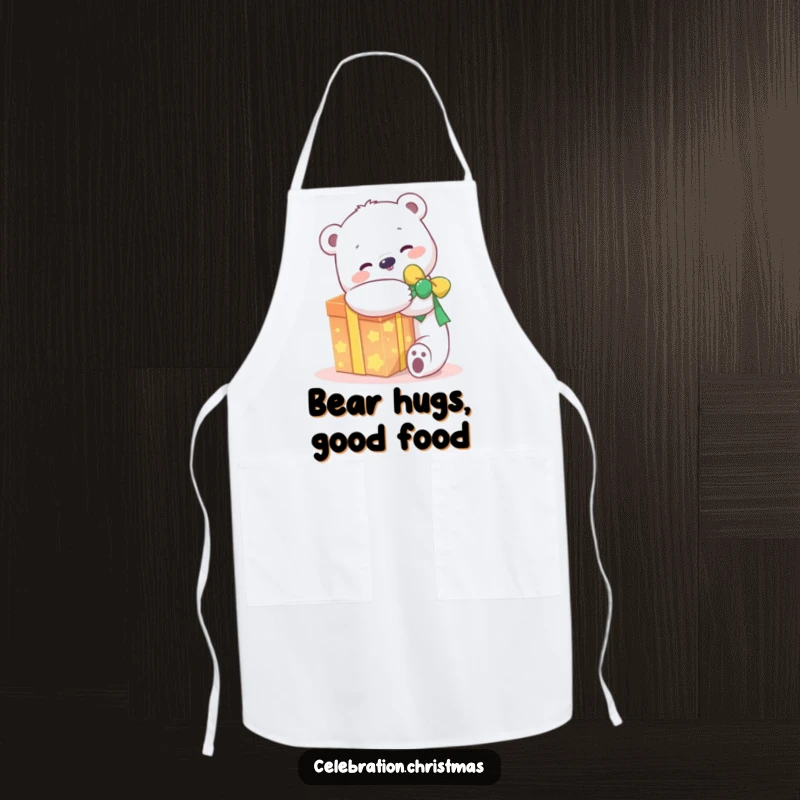 Funny kawaii polar bear apron showing a joyful character hugging a glowing present, ideal for adding warmth to kitchen activities.