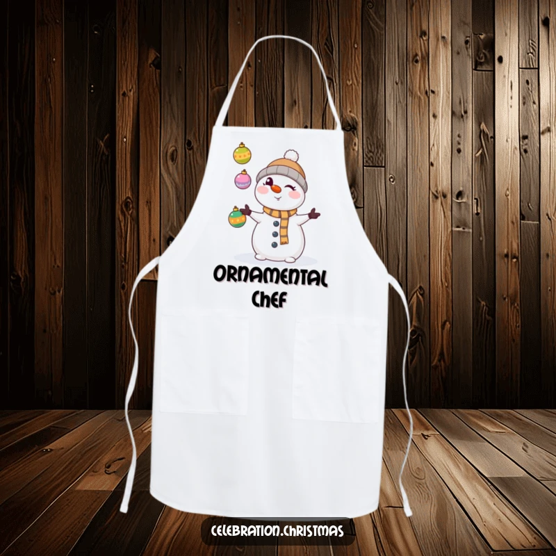 Funny kawaii snowman winking mischievously, juggling colorful Christmas ornaments on a kitchen apron, great for cooking.