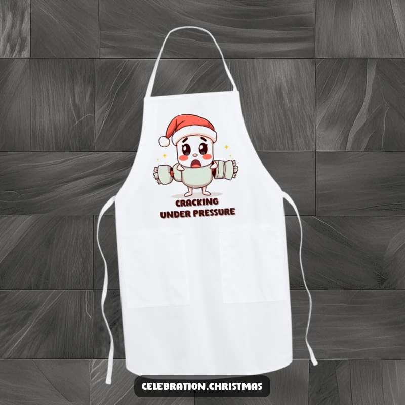 Funny apron designed with a Christmas cracker character pulling itself apart with a surprised look, ideal for kitchen fun.