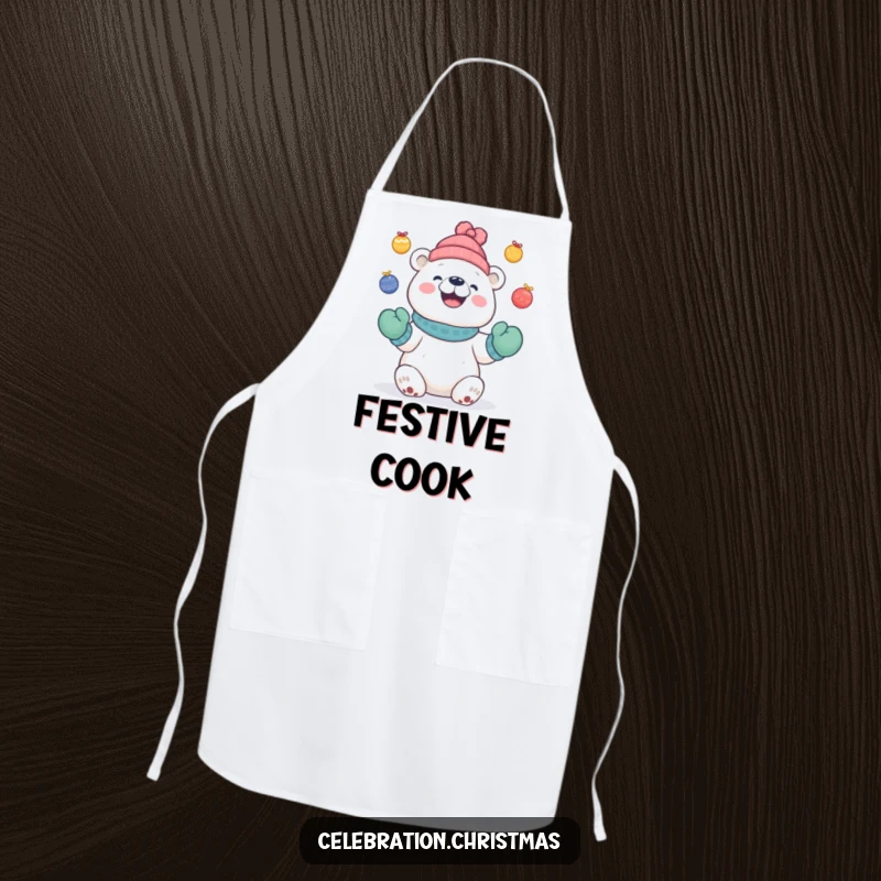 Funny Cute polar bear apron of a bear in mittens juggling colorful baubles with a delighted grin, perfect for cooking.
