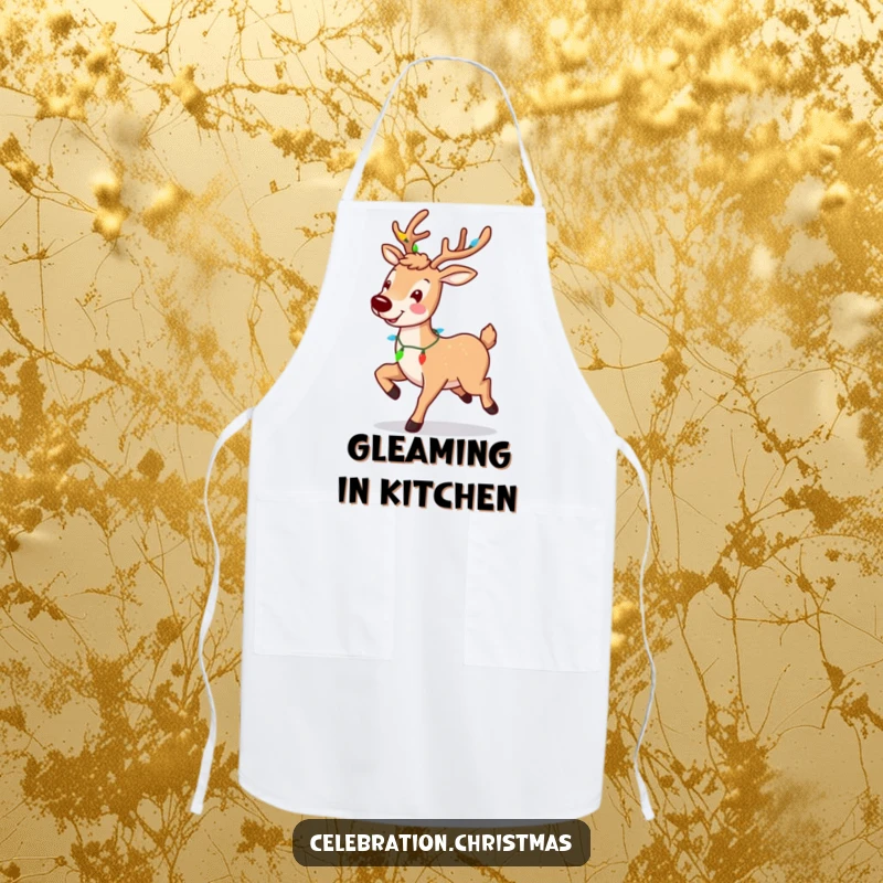 Funny reindeer apron with a smiling, prancing character adorned with lights, perfect for festive holiday cooking.