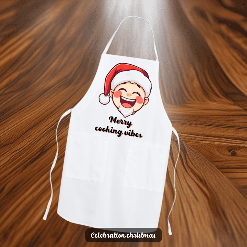 Funny apron depicting a Santa hat character with a large, booming, joyful laugh, perfect for spreading holiday cheer while cooking.