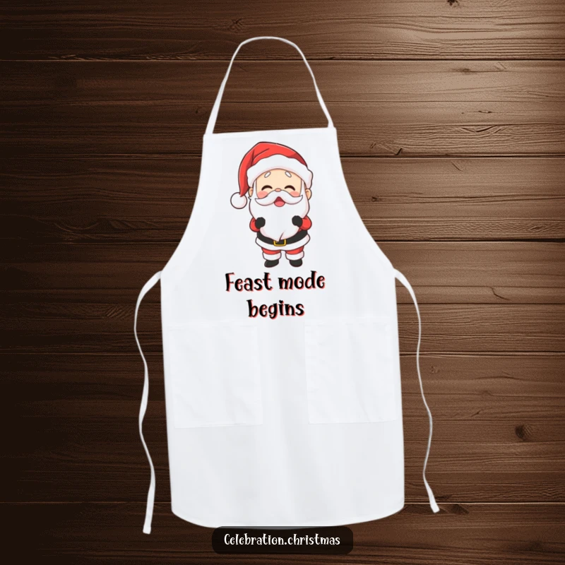 Funny apron with Santa Claus laughing heartily, his belly shaking, adding holiday fun to cooking.