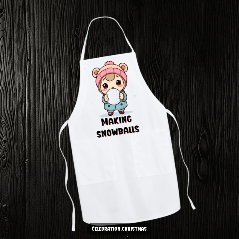 Funny kitchen apron featuring a character holding a snowball, ready for a playful throw, adding winter fun to cooking duties.