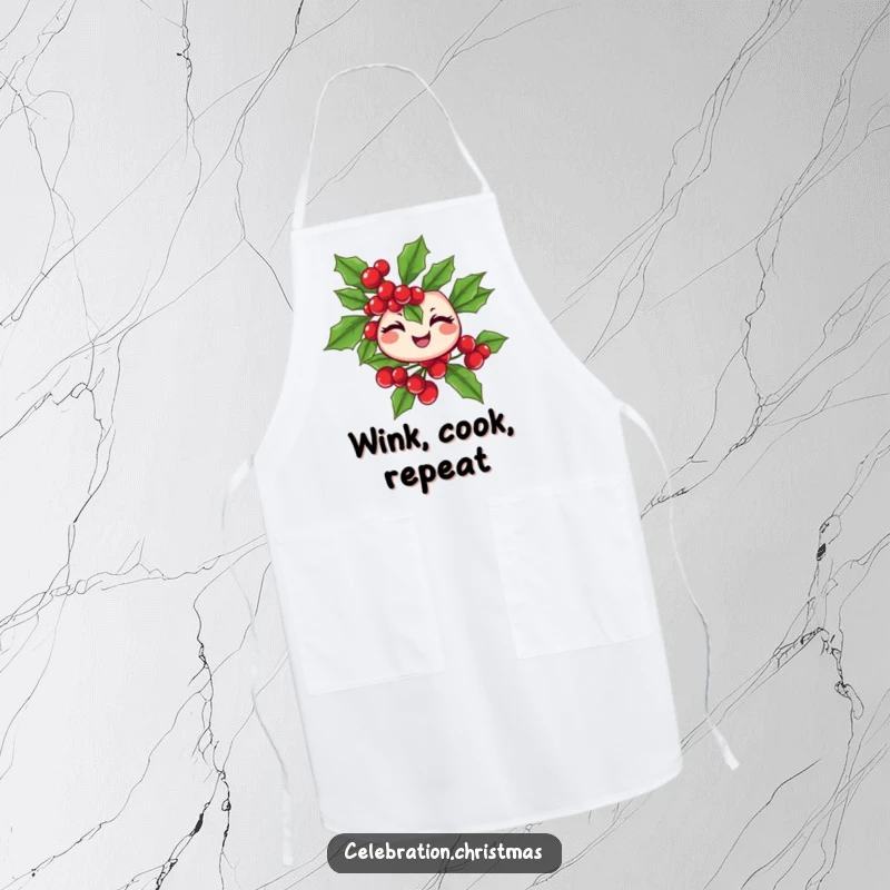 Funny winking holly branch apron with cheerful berries, perfect for cooking and a wonderful funny gift.