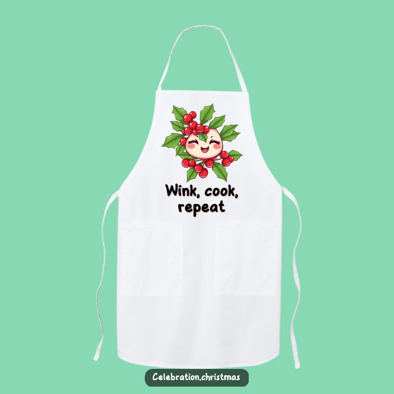 Funny Winking Holly Branch Apron - Cheerful Kitchen Style - Funny Gift