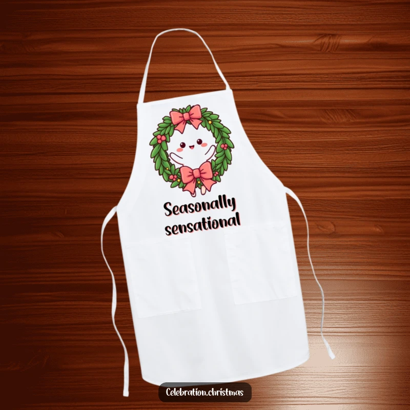 Funny kitchen apron showcasing a festive wreath character in a cheerful twirl, a large bow accentuating the holiday theme, funny gift.