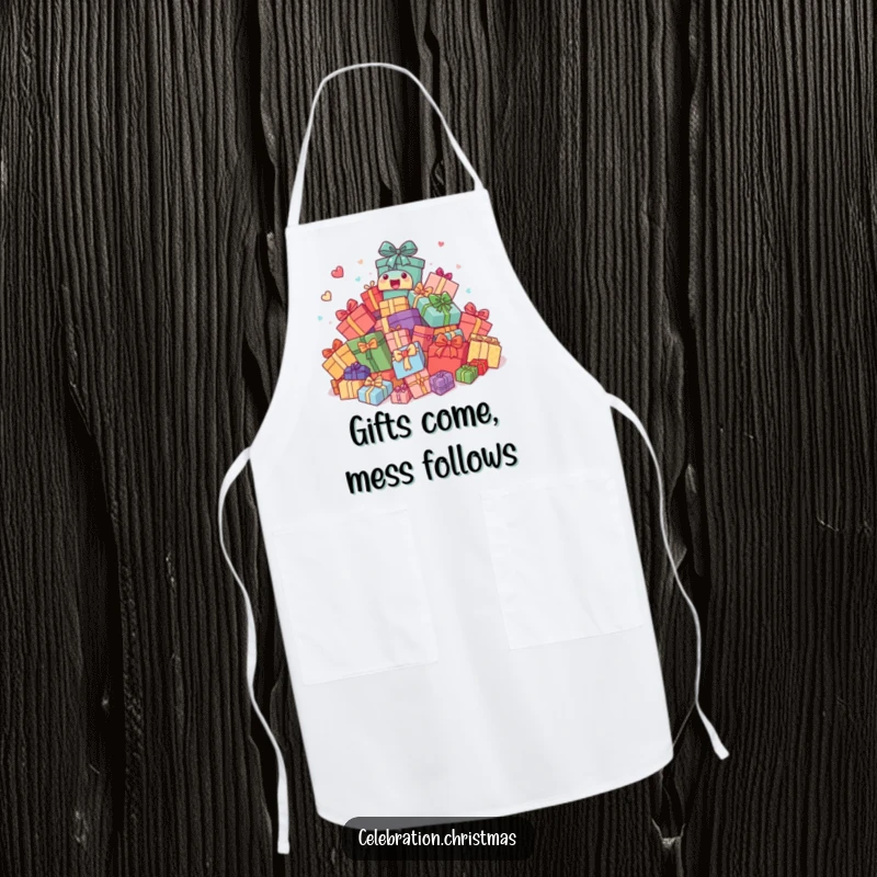 Funny Apron: A pile of presents comically bouncing with anticipation, ideal for a cook who brings joy to the kitchen.