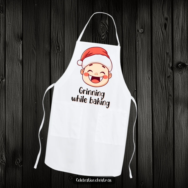 Funny Kawaii Santa Hat Apron: A cute Santa hat character with a huge, joyful grin and rosy cheeks.