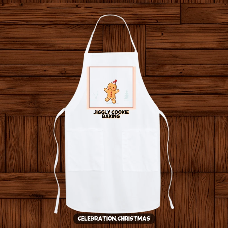 Funny gingerbread cookie apron, depicting a cookie doing a jig on a frosty windowpane while baking or cooking.