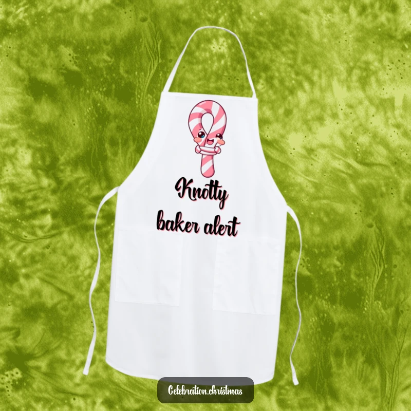 Funny candy cane apron, depicting a candy cane comically trying to tie itself into a knot while cooking or baking.