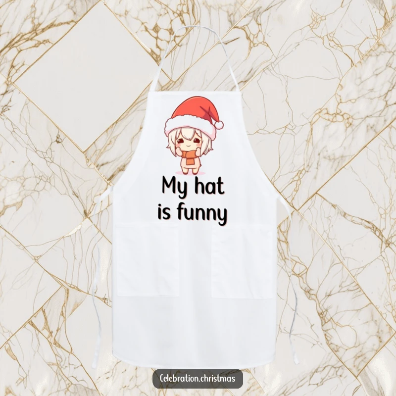 Funny Kawaii Character Apron: A cute character comically wears a giant festive hat while cooking, bringing kitchen humor.