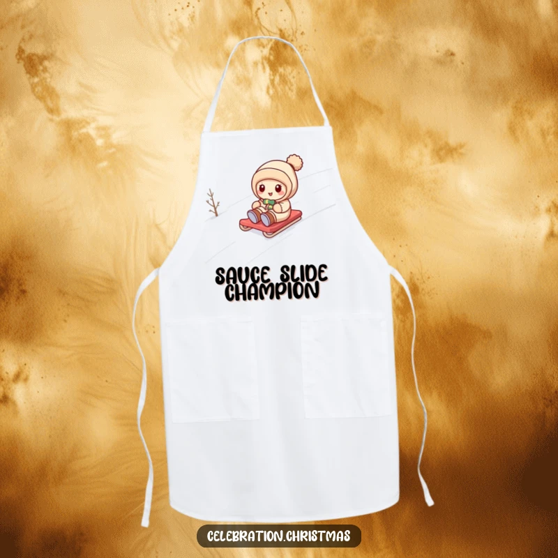 Funny kawaii character sledding down a snowy hill, printed on a functional and humorous kitchen apron.