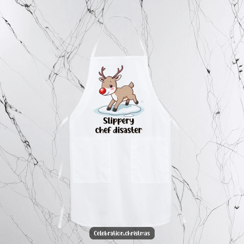 Funny reindeer apron, depicting a reindeer with a red nose comically slipping on ice while cooking or baking.