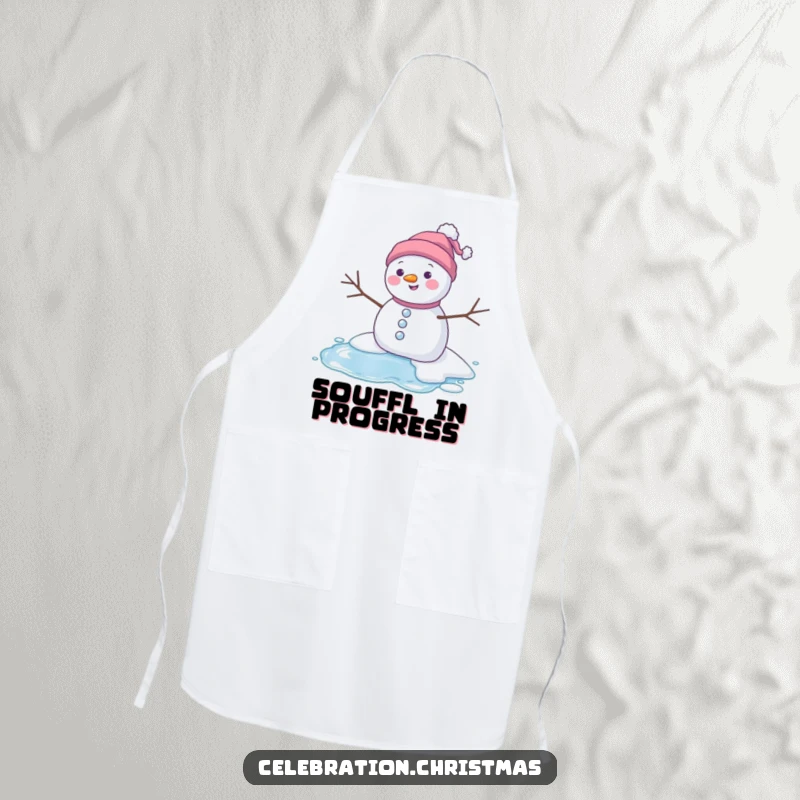 Funny melting snowman apron showing a character gleefully melting into a puddle, ideal for kitchen tasks with a dose of winter humor.