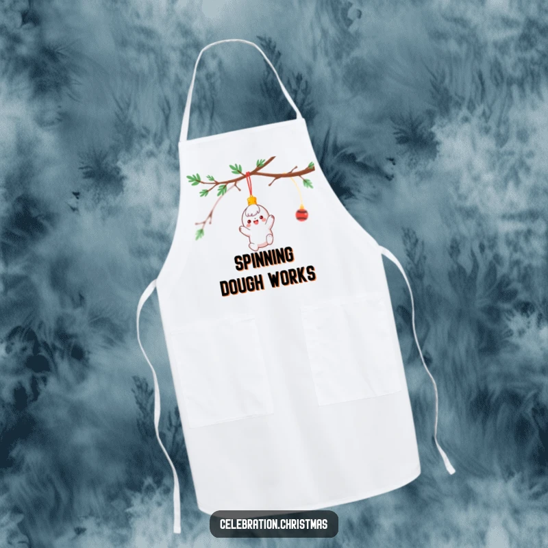 Funny Apron with a cheerful ornament character in a dynamic spinning pose from a Christmas branch, ideal for holiday chefs.